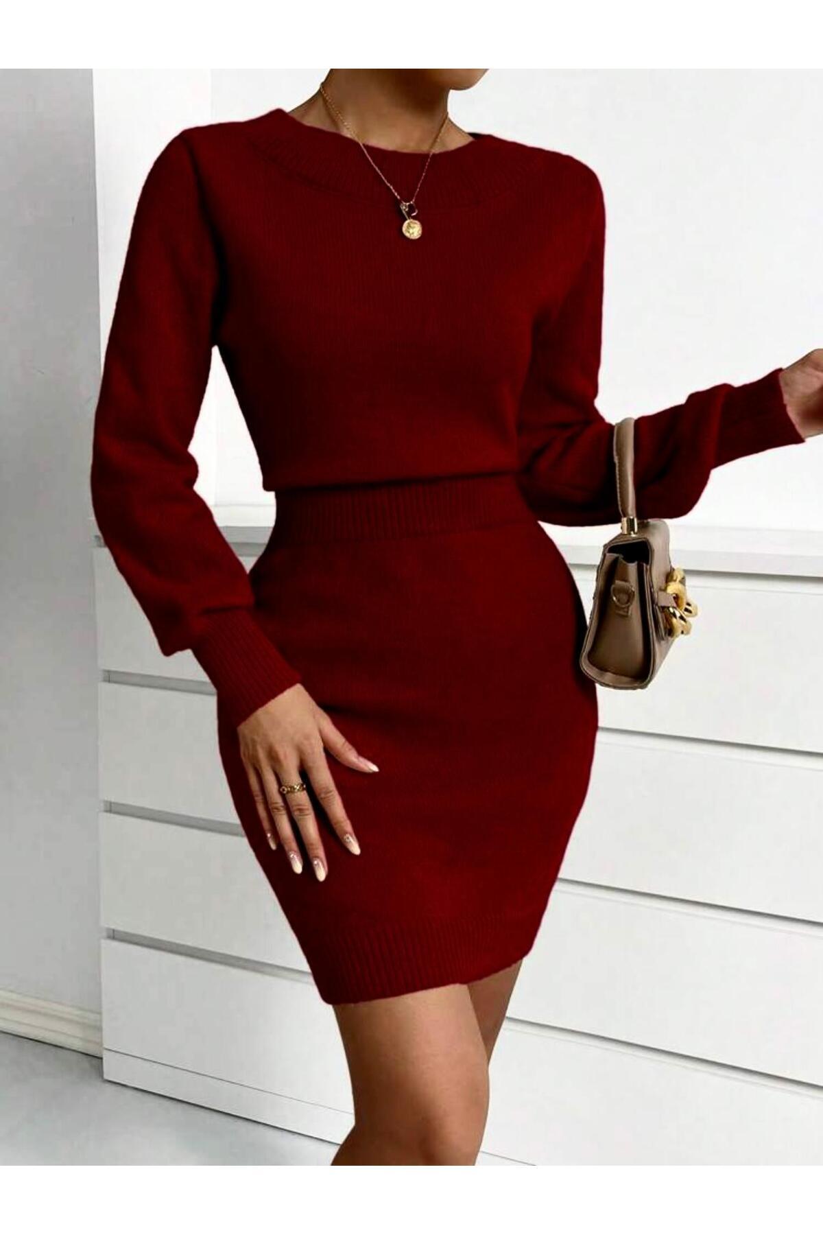 Belden Katlamalı Bisiklet Yaka Kadın Triko Elbise